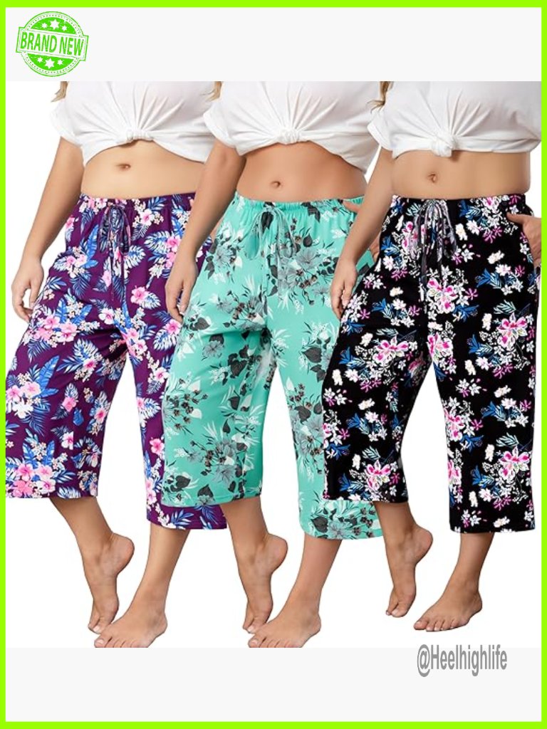 3 Pack Plus Size Capri Pajama Pants Set Drawstring Lounge Bottoms With Pockets